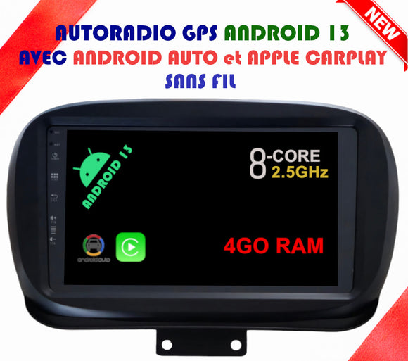 Autoradio GPS FIAT 500X à partir de 2014 Version Android 13 avec Android Auto et Apple Carplay sans fil intégrés