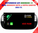 Autoradio GPS FIAT 500/500C de 2007 à 2015 Version Android 13 avec Android Auto et Apple Carplay sans fil intégrés