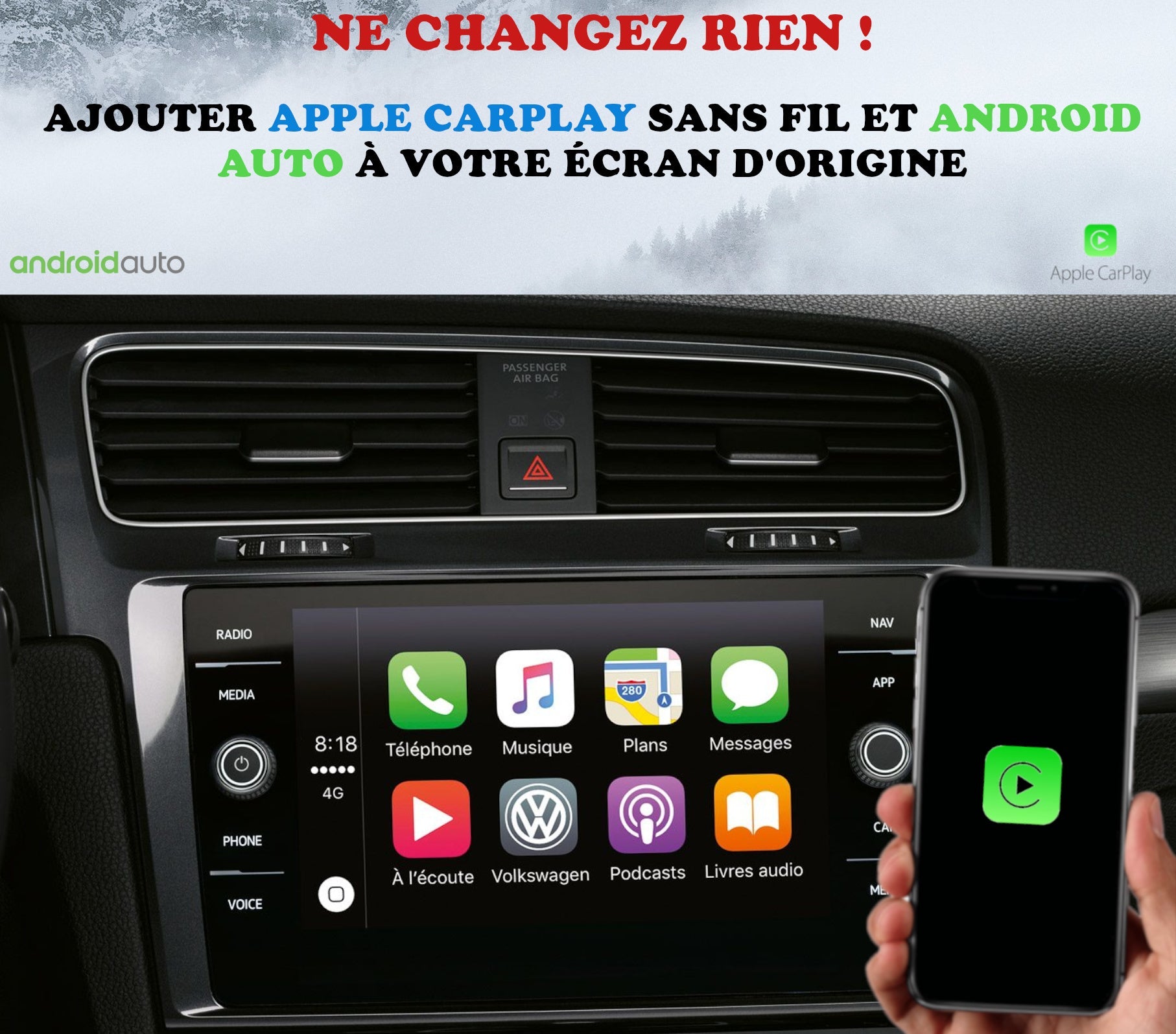 Apple Carplay sans fil et Android Auto sans fil sur VW Golf écran