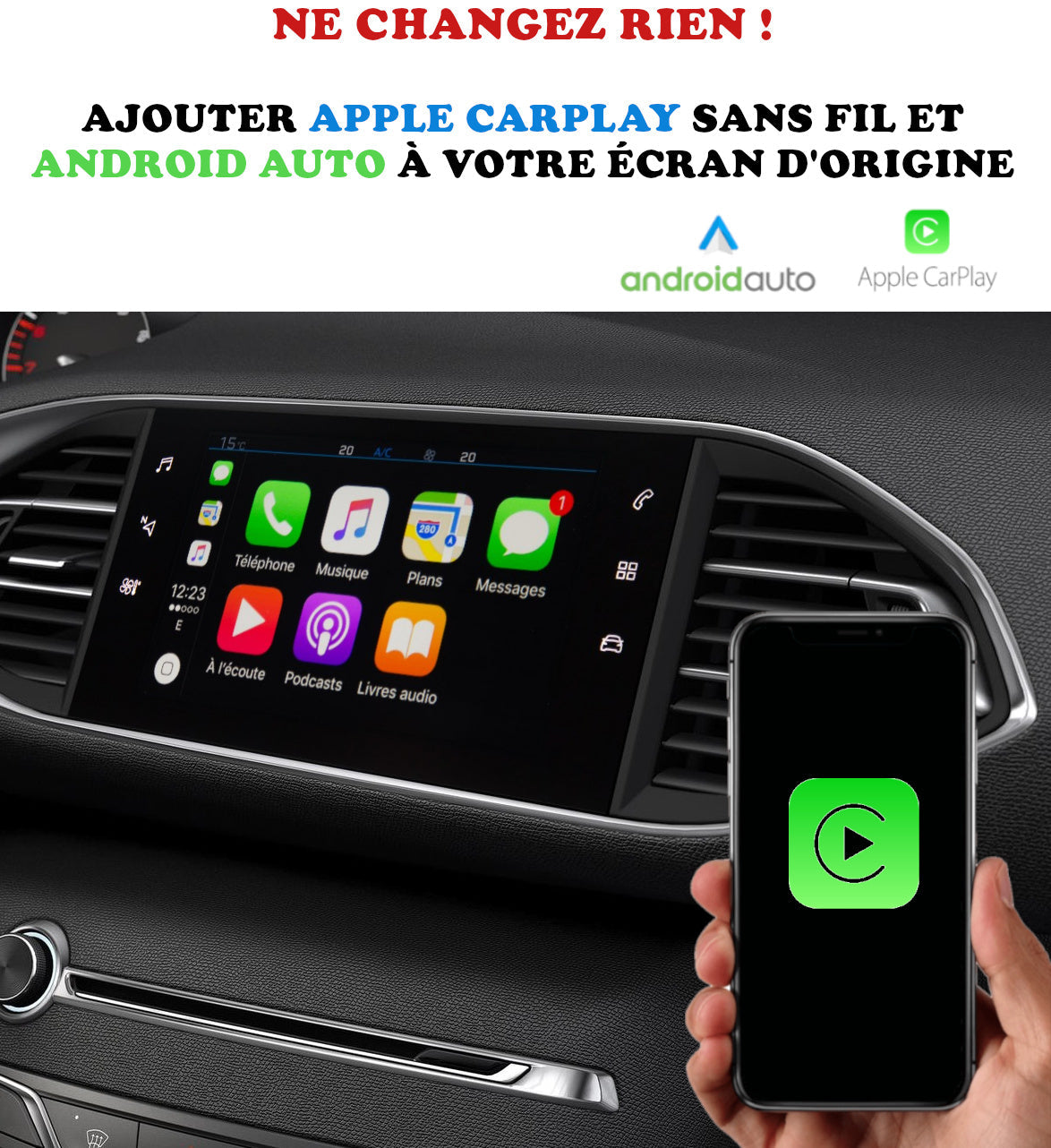 Apple Carplay sans fil et Android Auto sur Peugeot 308 écran d